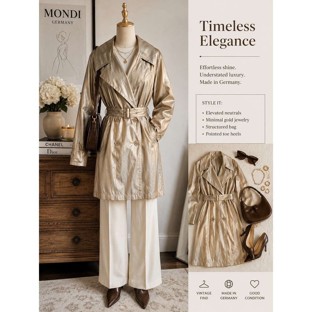 Vintage Metallic Gold Trench Coat Double Breasted Belted Size 34 Mondi Germany